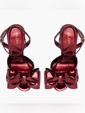 ALDO Women's Tinsleta Metallic Red Bow Ankle-Strap Heels size 7.5